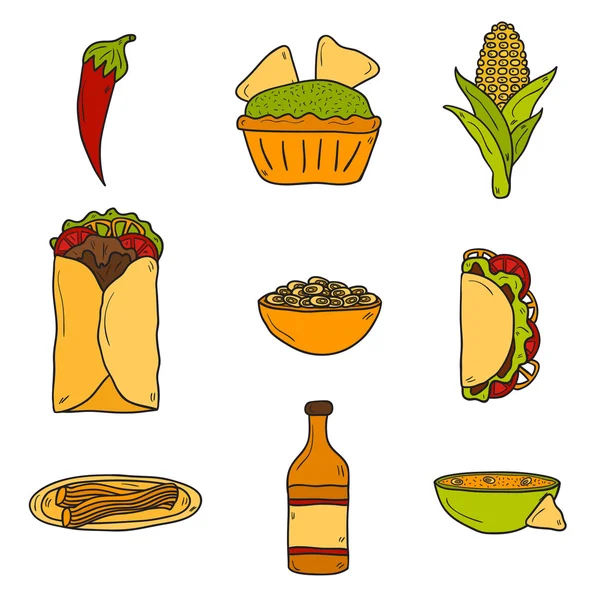 Set of cute cartoon hand drawn icons on mexican food theme: chili, taco. tobacco, birrito, nachos, tequila, rice. Travel mexicam cuisine concept, You can use it for your site, app, restaurant menu — Stockvector