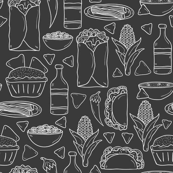 Seamless background with cute cartoon hand drawn outline objects on mexican food theme: chili, taco. tobacco, birrito, nachos, tequila, rice. Travel mexicam cuisine concept, You can use it for your