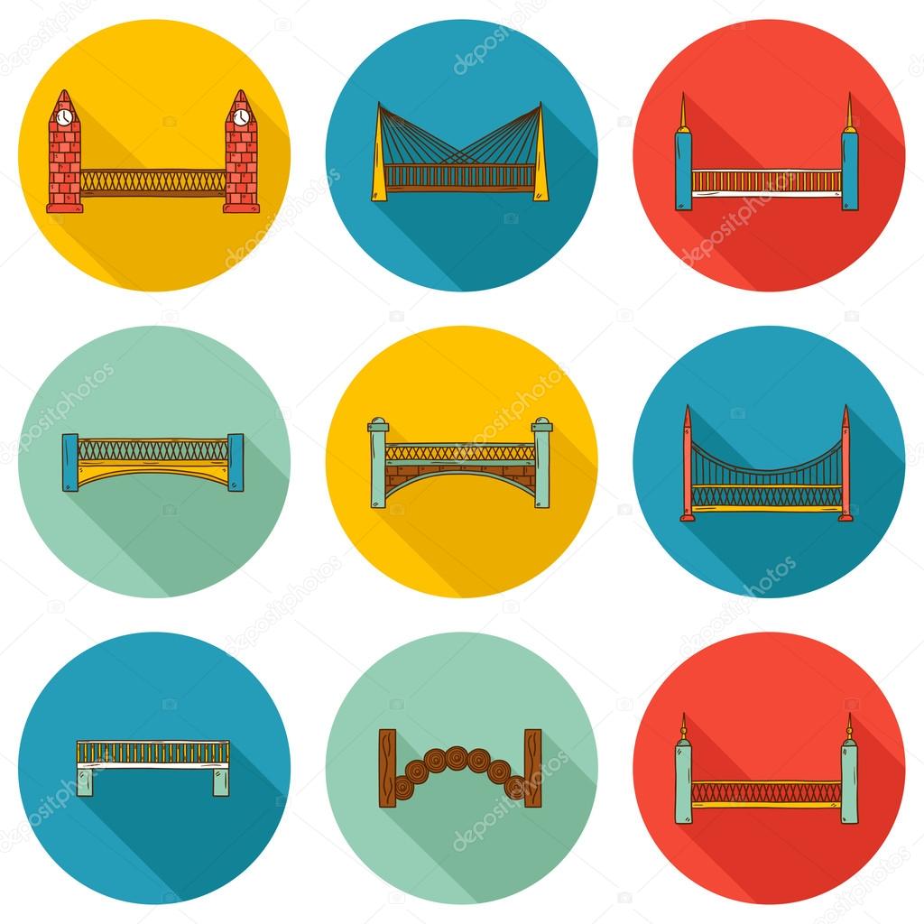 Set of simple cute cartoon colorful hand drawn bridge icons with shadows. City and travel concept