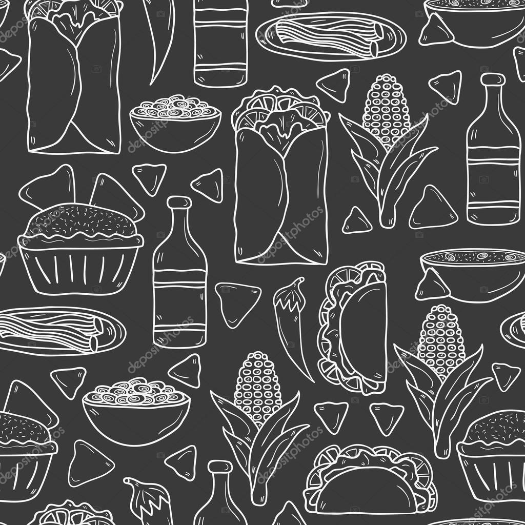Seamless background with cute cartoon hand drawn outline objects on mexican  food theme: chili, taco. tobacco, birrito, nachos, tequila, rice. Travel  mexicam cuisine concept, You can use it for your Stock Vector