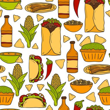 Seamless background with cute cartoon hand drawn objects on mexican food theme: chili, taco. tobacco, birrito, nachos, tequila, rice. Travel mexicam cuisine concept, You can use it for your site, app