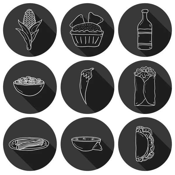 Set of cute cartoon hand drawn outline shadow icons on mexican food theme: chili, taco. tobacco, birrito, nachos, tequila, rice. Travel mexicam cuisine concept, You can use it for your site, app — Stock Vector