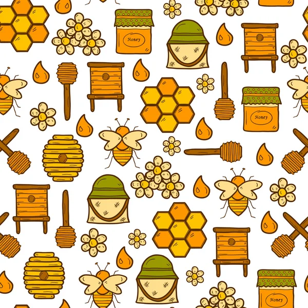 Fondo sin costuras con dibujos animados lindo dibujado a mano objetos sobre el tema de la apicultura: abeja, miel, flores, sombrero, cuchara de abeja, colmena. Granja o concepto ecológico. Puede usarlo para el sitio de productos agrícolas, aplicación, tienda — Archivo Imágenes Vectoriales