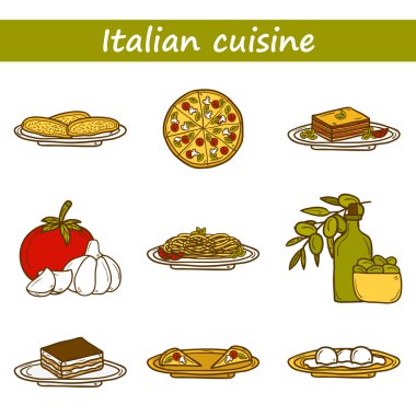 Set of cute cartoon icons in hand drawn style on italian food theme: pizza, pasta, tomato, olive oil, olives, tiramisu, mozzarella, lasagna. Ethnic cuisine concept. Italian cuisine hand drawn objects