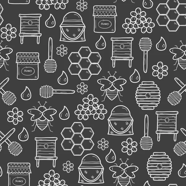 Seamless background with cute cartoon hand drawn objects on beekeeping theme: bee, honey, flowers, bee hat, bee spoon, beehive. Farm or eco concept. You can use it for farm products site, app, shop — ストックベクタ