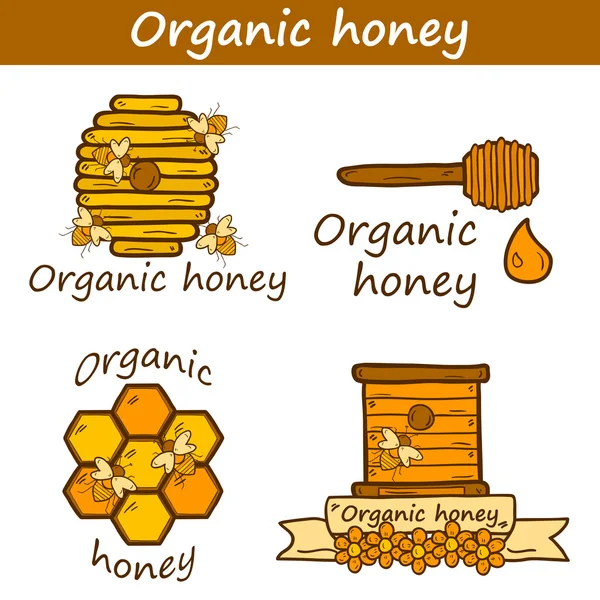 Conjunto de lindas plantillas dibujadas a mano de dibujos animados sobre el tema de la apicultura: abeja, miel, flores, sombrero de abeja, cuchara de abeja, colmena. Granja o concepto ecológico. Puede usarlo para el sitio de productos agrícolas, aplicación, tienda, logotipo, emblema — Archivo Imágenes Vectoriales