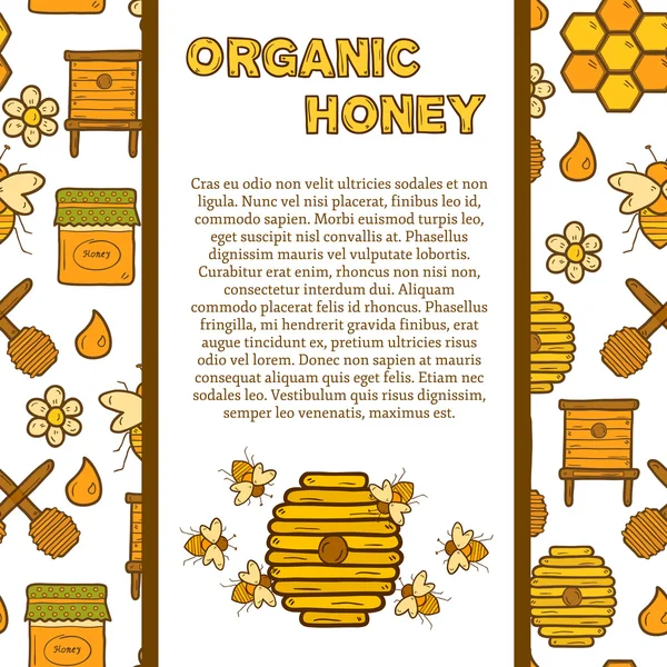 Plantilla vectorial con dibujos animados lindo dibujado a mano objetos sobre el tema de la apicultura: abeja, miel, flores, sombrero de abeja, cuchara de abeja, colmena. Granja o concepto ecológico. Independientemente del fondo sin fisuras. Se puede utilizar para la granja — Vector de stock