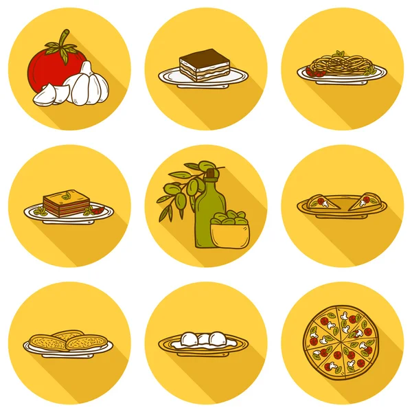 Набор милых карикатурных икон в ручном стиле с тенями на итальянскую тему питания: пицца, макароны, помидоры, оливковое масло, оливки, тирамису, моцарелла, лазанья. Концепция этнической кухни. Итальянская кухня — стоковый вектор