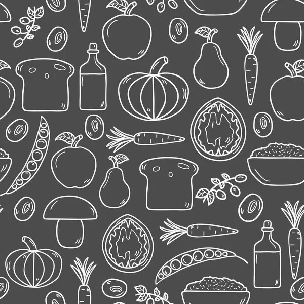 Moderno fundo vetor sem costura com objetos em bonito desenho animado mão estilo desenhado no tema comida vegan — Vetor de Stock