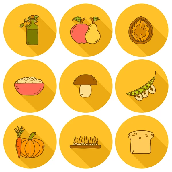 Ensemble d'icônes modernes avec des ombres dans le style dessiné à la main sur le thème de la nourriture végétalienne — Image vectorielle