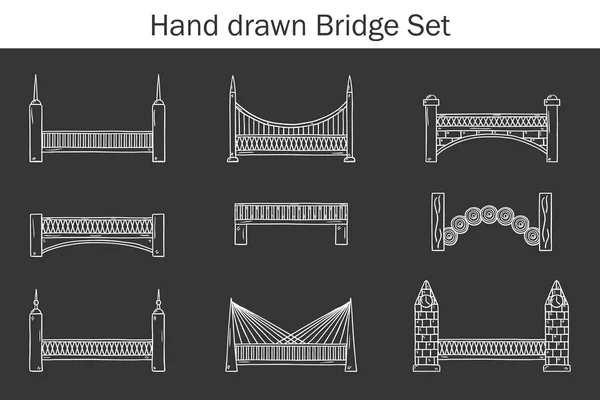 Set of simple cute cartoon outline black-white hand drawn bridge icons. City and travel concept — Διανυσματικό Αρχείο