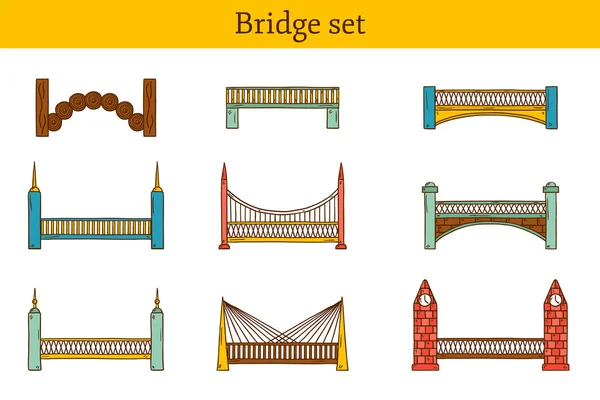 Set kartun lucu sederhana berwarna-warni tangan gambar ikon jembatan. Konsep kota dan perjalanan - Stok Vektor