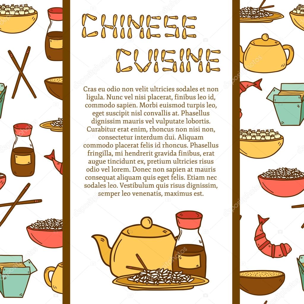 Vector template with cute modern hand drawn cartoon objects on chinese food theme with seamless background: rice, teapot, chinese pasta, soy sause, soup, chinese sticks, chinese dumpling, shrimp