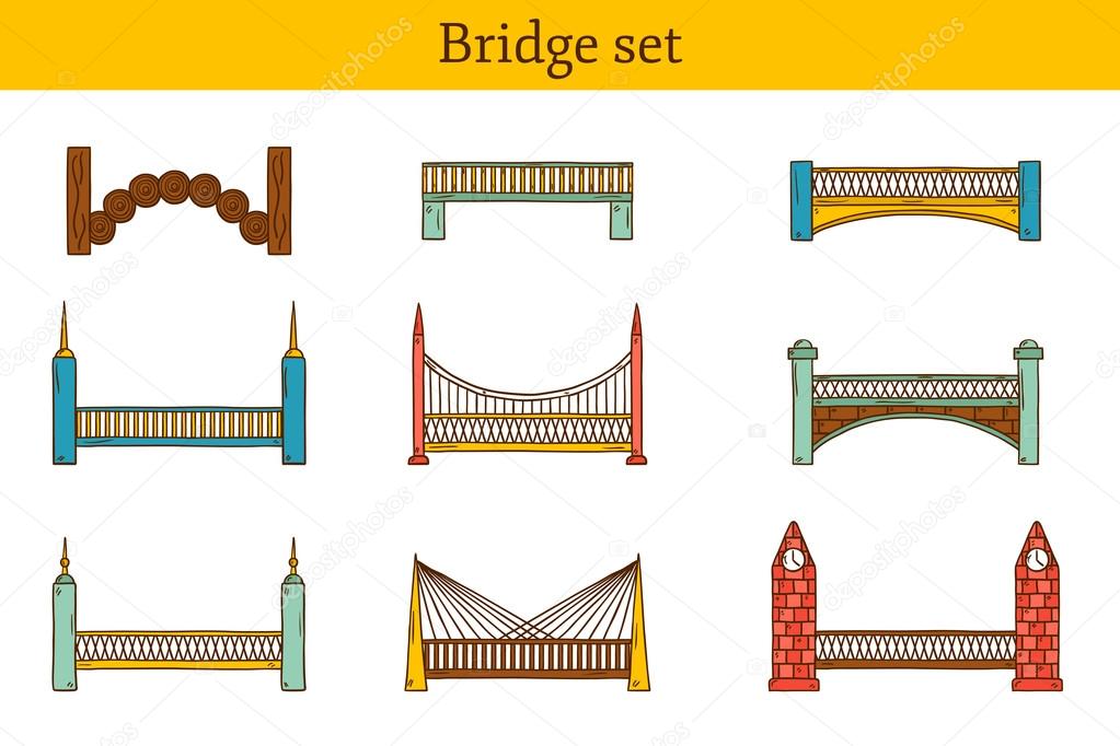 Set of simple cute cartoon colorful hand drawn bridge icons. City and travel concept