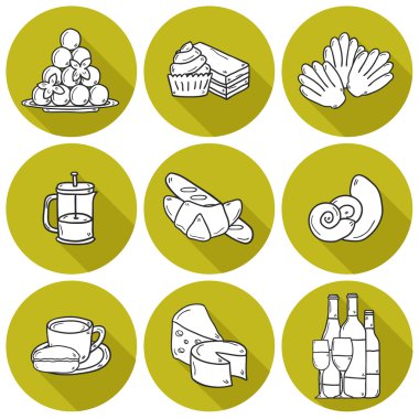 Vector food concept with seamless background and cartoon objects on mediterranean cuisine theme: tomato, pasta, wine, cheese, olive. Great for restaurant menu, card, site