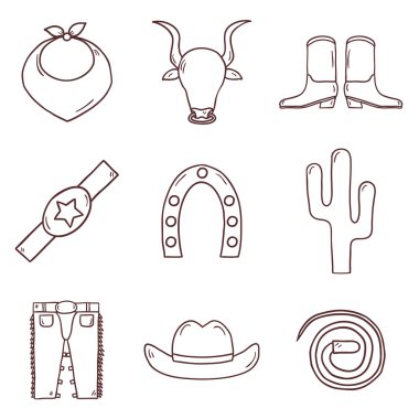 Rodeo tema üzerinde sevimli çizgi elle çizilmiş simgeler kümesi. Batı kavramı