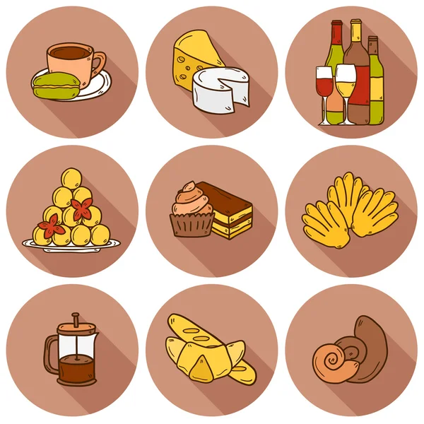 Векторна концепція їжі з лінійним фоном та мультяшними предметами на тему середземноморської кухні: помідор, макарони, вино, сир, оливкова олія. Відмінно підходить для меню ресторану, карти, сайту — стоковий вектор