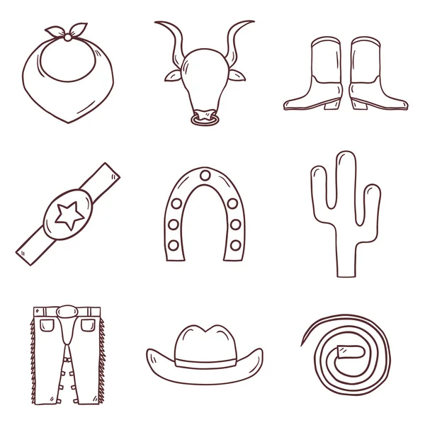 Conjunto de iconos dibujados a mano de dibujos animados lindo en el tema del rodeo. Concepto occidental — Vector de stock