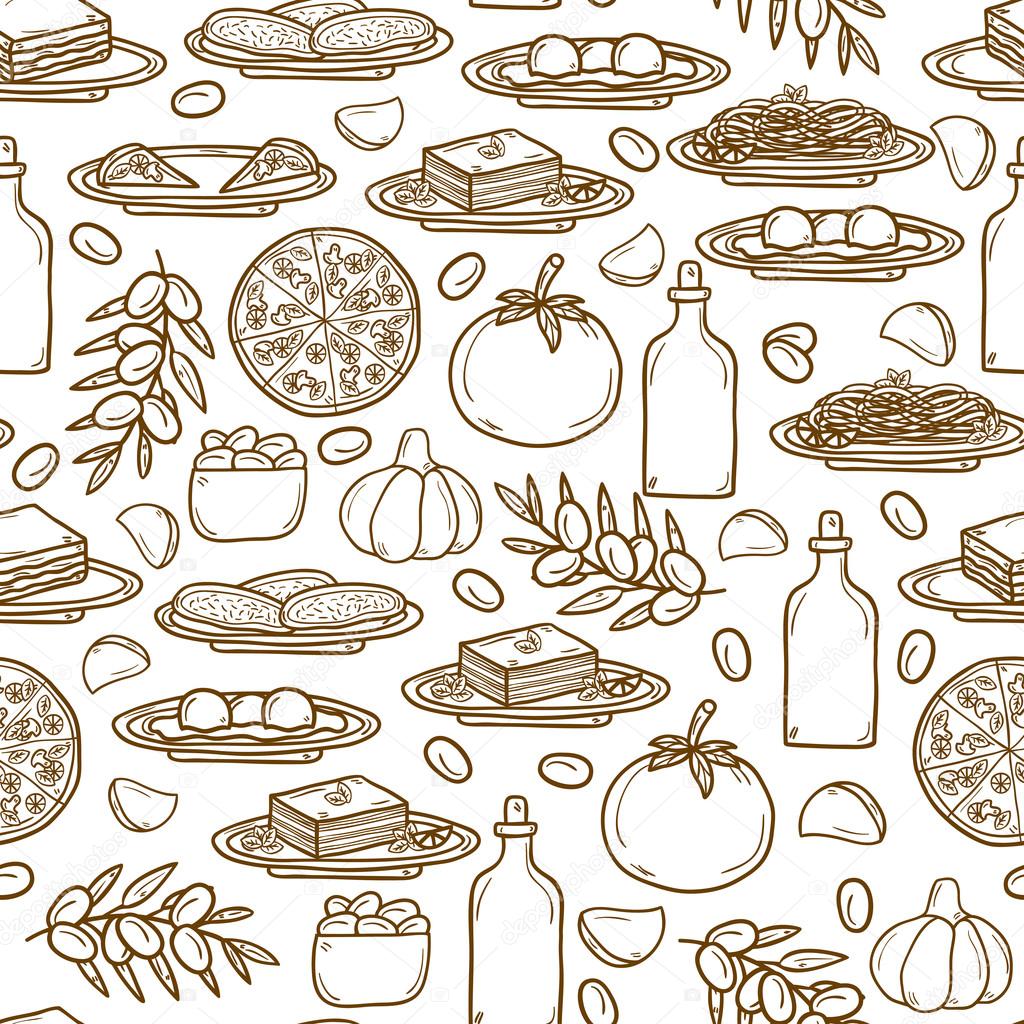 Seamless background with objects on american food theme: fried potato, hot dog, soda, hamburger, sandwich. Ethnic cuisine and travel concept for your design