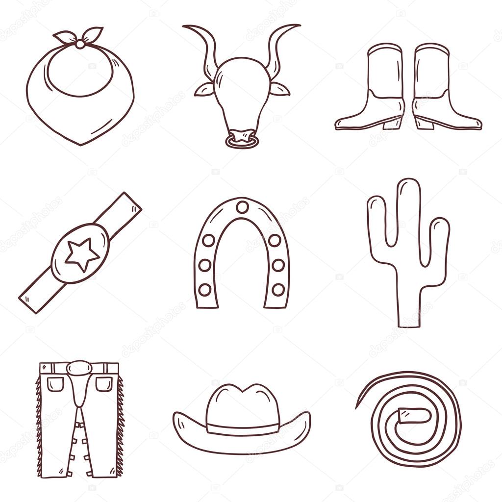 Set of cute cartoon hand drawn icons on rodeo theme. Western concept