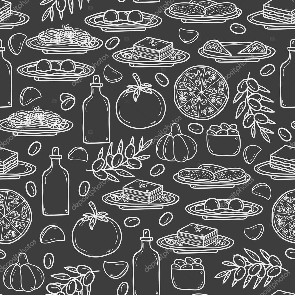 Seamless background with objects on american food theme: fried potato, hot dog, soda, hamburger, sandwich. Ethnic cuisine and travel concept for your design