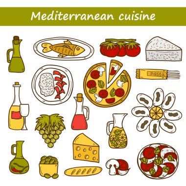 Set of cute hand drawn cartoon objects on mediterranean cuisine theme: tomato, pasta, wine, cheese, olive, Ethnic food travel concept. Great for restaurant menu, card, site
