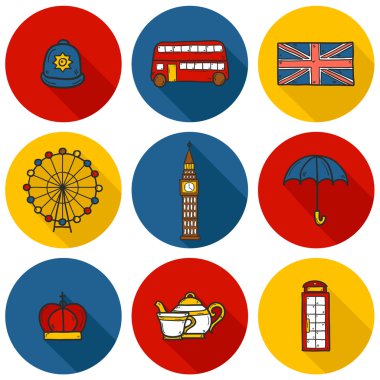Şirin el çizilmiş karikatür kümesi nesneleri üzerinde Londra Tema: Kraliçe tacı, kırmızı otobüs, büyük ben, şemsiye, london Eye'ye, telefon kulübesi. Site, kart, harita için seyahat konsepti
