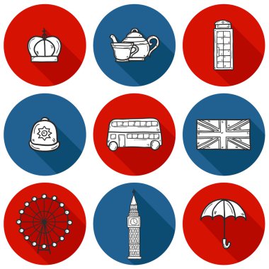 Şirin el çizilmiş karikatür kümesi nesneleri üzerinde Londra Tema: Kraliçe tacı, kırmızı otobüs, büyük ben, şemsiye, london Eye'ye, telefon kulübesi. Site, kart, harita için seyahat konsepti