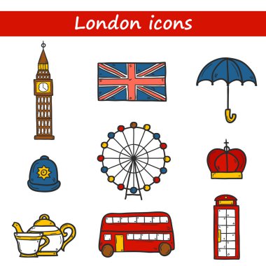 Şirin el çizilmiş karikatür kümesi nesneleri üzerinde Londra Tema: Kraliçe tacı, kırmızı otobüs, büyük ben, şemsiye, london Eye'ye, telefon kulübesi. Site, kart, harita için seyahat konsepti