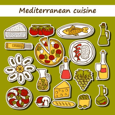 Set of cute hand drawn cartoon stickers on mediterranean cuisine theme: tomato, pasta, wine, cheese, olive, Ethnic food travel concept. Great for restaurant menu, card, site