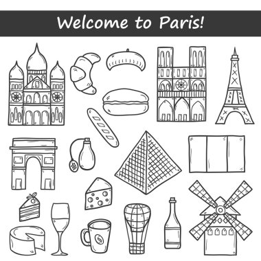 Paris teması üzerinde el çizilmiş karikatür nesneleri