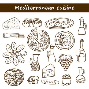 Set of cute hand drawn cartoon objects on mediterranean cuisine theme: tomato, pasta, wine, cheese, olive, Ethnic food travel concept. Great for restaurant menu, card, site