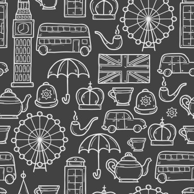 Şirin el çizilmiş karikatür ile sorunsuz arka plan nesnelerini Londra konulu: Kraliçe tacı, kırmızı otobüs, büyük ben, şemsiye, london Eye'ye, telefon kulübesi. Site, kart, harita için seyahat konsepti
