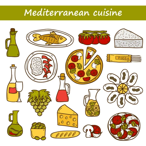 Set of cute hand drawn cartoon objects on mediterranean cuisine theme: tomato, pasta, wine, cheese, olive, Ethnic food travel concept. Great for restaurant menu, card, site — Διανυσματικό Αρχείο