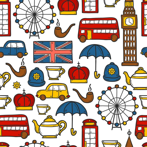 Seamless background with cute hand drawn cartoon objects on London theme: queen crown, red bus, big ben, umbrella, london eye, telephone box. Travel concept for site, card, map — Stock Vector
