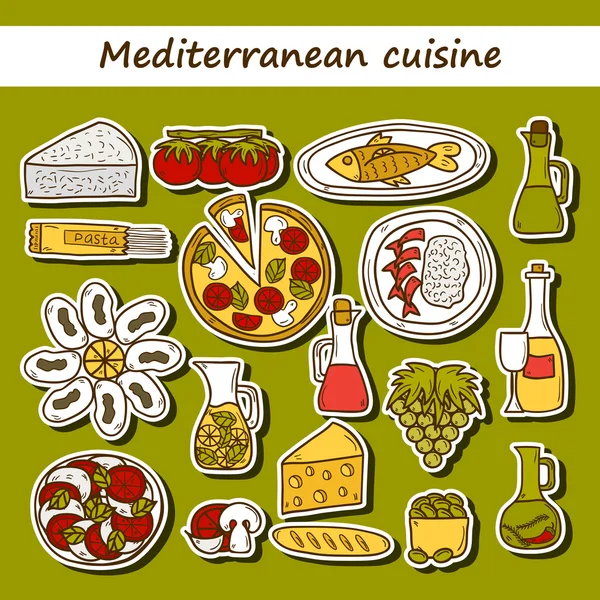 Набор милых рисованных вручную карикатурных наклеек на тему средиземноморской кухни: помидор, макароны, вино, сыр, оливки, концепция путешествия по этнической кухне. Отлично подходит для ресторанного меню, карты, сайта — стоковый вектор