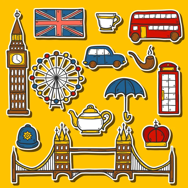 Set of cute hand drawn cartoon stickers on London theme: queen crown, red bus, big ben, umbrella, london eye, telephone box. Travel concept for site, card, map — Stockvector