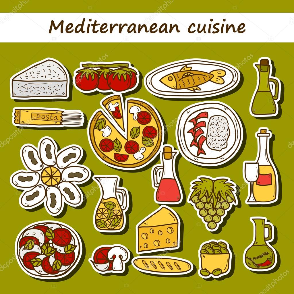 Set of cute hand drawn cartoon stickers on mediterranean cuisine theme: tomato, pasta, wine, cheese, olive, Ethnic food travel concept. Great for restaurant menu, card, site