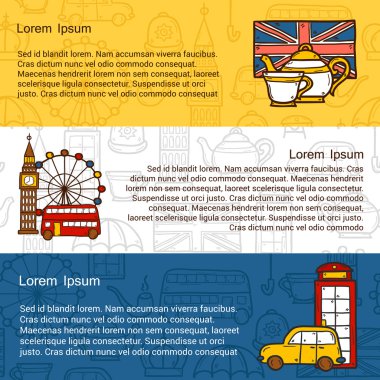 Vektör seyahat kavramı şirin el çizilmiş karikatür ile obje üzerinde Londra Tema: kırmızı otobüs, big ben, london Eye'ye, telefon kulübesi. Büyük site, kart, harita için