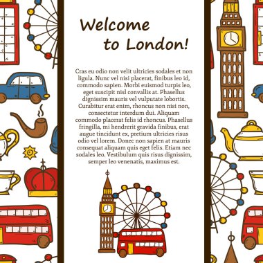 Vektör seyahat kavramı şirin el çizilmiş karikatür ile obje üzerinde Londra Tema: kırmızı otobüs, big ben, london Eye'ye, telefon kulübesi. Büyük site, kart, harita için