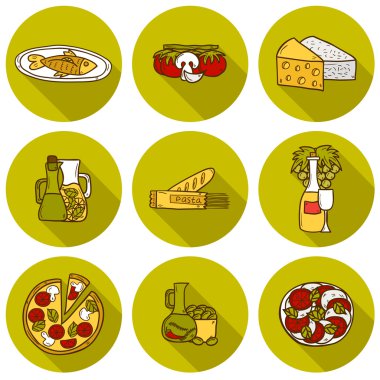 Sevimli dizi el çizilmiş karikatür Akdeniz mutfağı Tema nesnelerde gölge: domates, makarna, şarap, peynir, zeytin, etnik gıda seyahat kavramı. Büyük Restoran Menü, kartı, site için