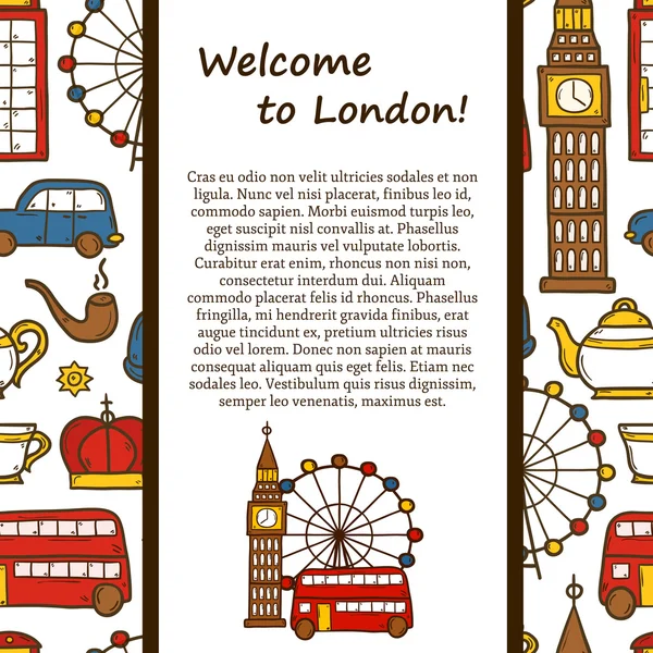 Conceito de viagem vetorial com objetos de desenhos animados desenhados à mão bonitos sobre o tema de Londres: ônibus vermelho, big ben, olho de Londres, telefone. Ótimo para o site, cartão, mapa —  Vetores de Stock