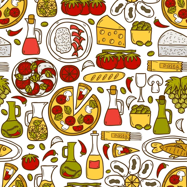 Fondo sin costuras con bonitos objetos de dibujos animados dibujados a mano sobre el tema de la cocina mediterránea: tomate, pasta, vino, queso, oliva, concepto de viaje de comida étnica. Ideal para menú de restaurante, tarjeta, sitio — Archivo Imágenes Vectoriales