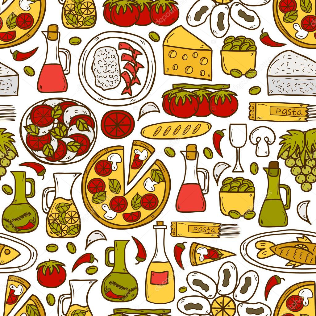 Seamless background with cute hand drawn cartoon objects on mediterranean cuisine theme: tomato, pasta, wine, cheese, olive, Ethnic food travel concept. Great for restaurant menu, card, site