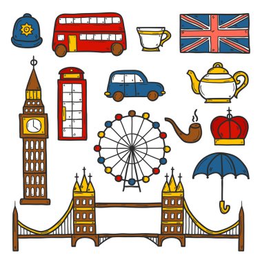 Şirin el çizilmiş karikatür kümesi nesneleri üzerinde Londra Tema: Kraliçe tacı, kırmızı otobüs, büyük ben, şemsiye, london Eye'ye, telefon kulübesi. Site, kart, harita için seyahat konsepti