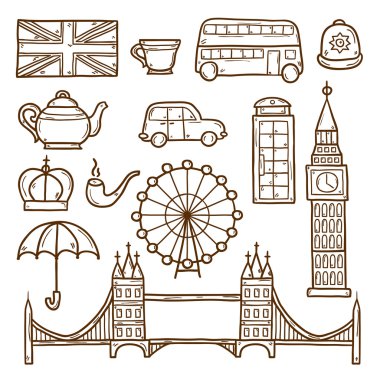 Şirin el çizilmiş karikatür kümesi nesneleri üzerinde Londra Tema: Kraliçe tacı, kırmızı otobüs, büyük ben, şemsiye, london Eye'ye, telefon kulübesi. Site, kart, harita için seyahat konsepti