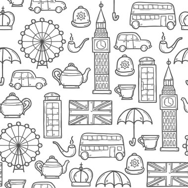 Şirin el çizilmiş karikatür ile sorunsuz arka plan nesnelerini Londra konulu: Kraliçe tacı, kırmızı otobüs, büyük ben, şemsiye, london Eye'ye, telefon kulübesi. Site, kart, harita için seyahat konsepti