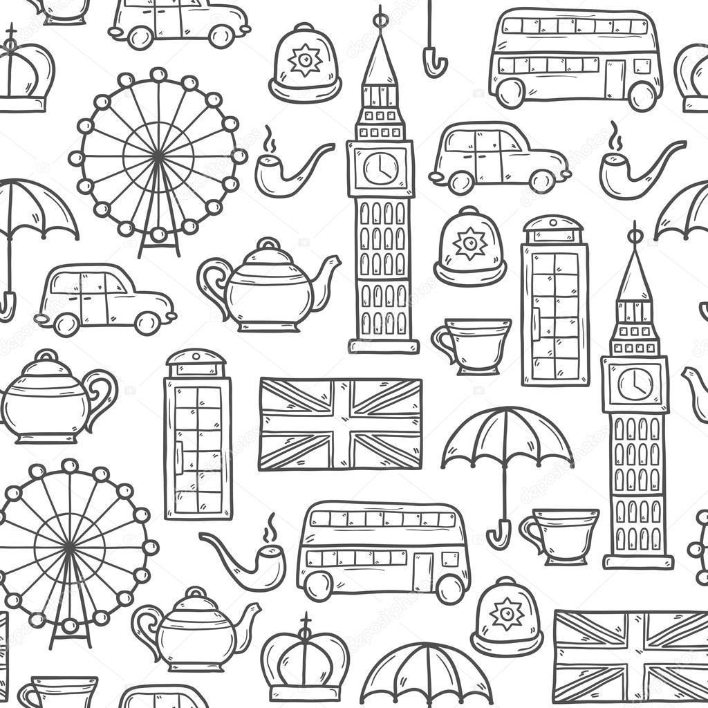 Seamless background with cute hand drawn cartoon objects on London theme: queen crown, red bus, big ben, umbrella, london eye, telephone box. Travel concept for site, card, map