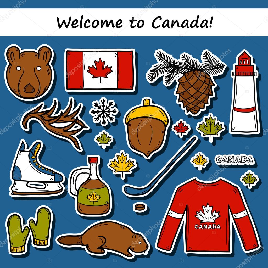 Set of cartoon hand drawn stickers on Canada theme: maple syrup, hockey stick, puck, bear, horn, flat. Travel north america concept