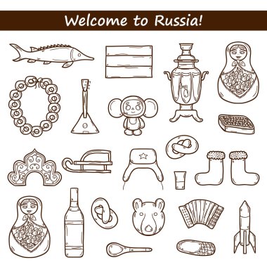 Rusya konulu elle çizilmiş nesneleri kümesi: Balalayka, votka, ayı, ushanka, matrioshka, roket. Seyahat kavramı